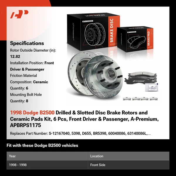 1998 Dodge B2500 Drilled & Slotted Disc Brake Rotors and Ceramic Pads Kit, 6 Pcs, Front Driver & Passenger, A-Premium, APBRPS1175