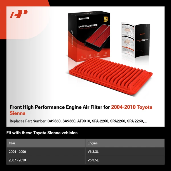 Front High Performance Engine Air Filter for 2004-2010 Toyota Sienna