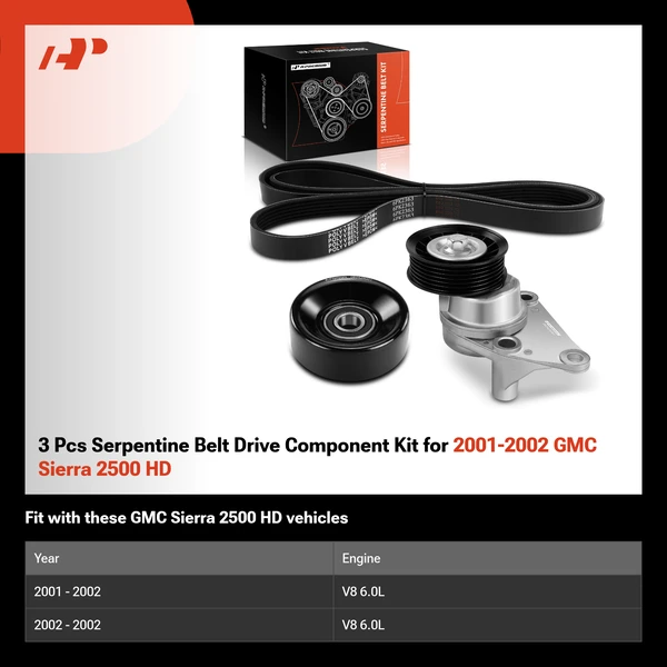3 Pcs Serpentine Belt Drive Component Kit for 2001-2002 GMC Sierra 2500 HD