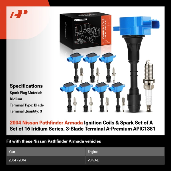 2004 Nissan Pathfinder Armada Ignition Coils & Spark Set of A Set of 16 Iridium Series, 3-Blade Terminal A-Premium APIC1381