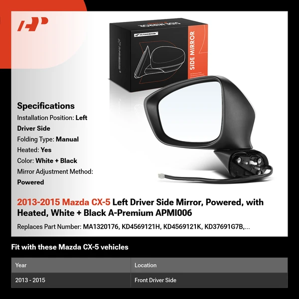2013-2015 Mazda CX-5 Left Driver Side Mirror, Powered, with Heated, White + Black A-Premium APMI006