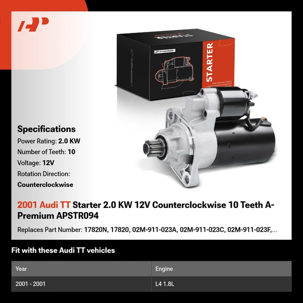 2001 Audi TT Starter 2.0 KW 12V Counterclockwise 10 Teeth A-Premium APSTR094