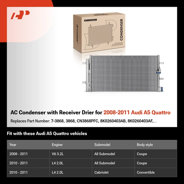 AC Condenser with Receiver Drier for 2008-2011 Audi A5 Quattro