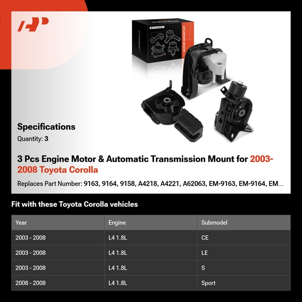 3 Pcs Engine Motor & Automatic Transmission Mount for 2003-2008 Toyota Corolla