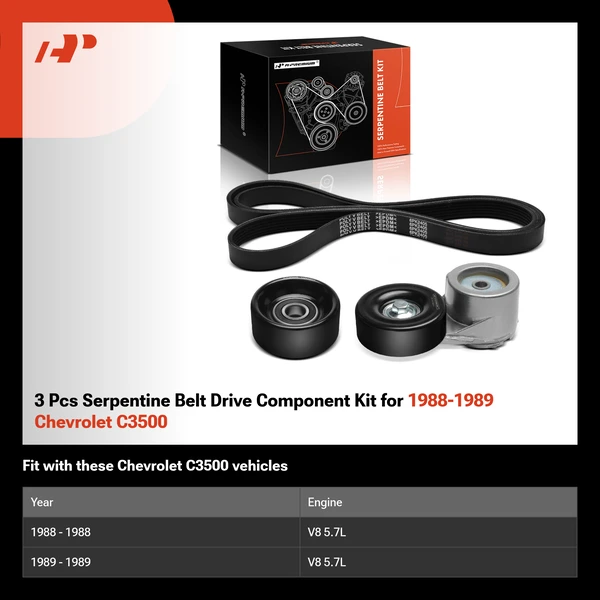 3 Pcs Serpentine Belt Drive Component Kit for 1988-1989 Chevrolet C3500