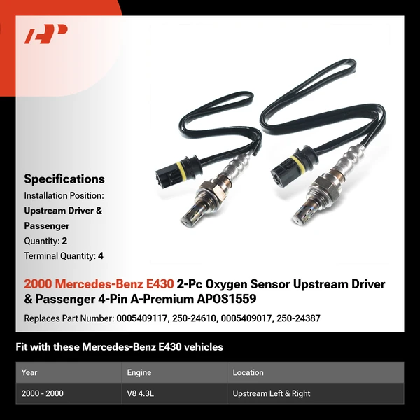2000 Mercedes-Benz E430 2-Pc Oxygen Sensor Upstream Driver & Passenger 4-Pin A-Premium APOS1559