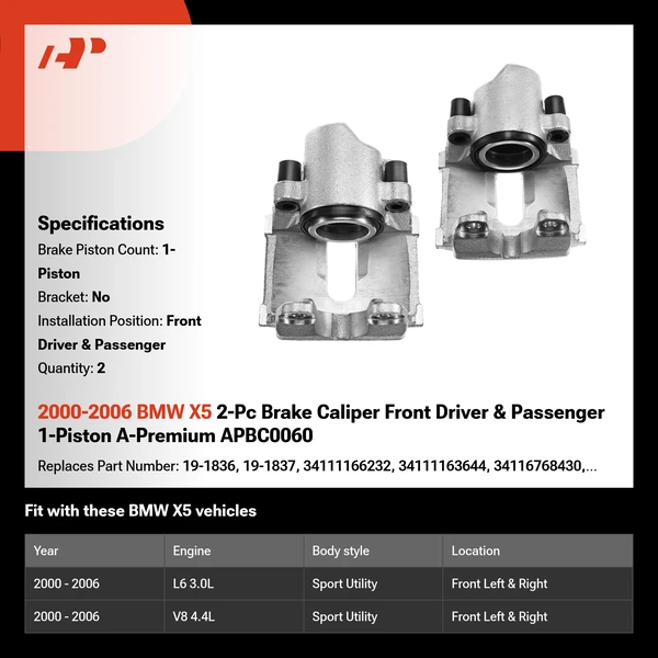 2000-2006 BMW X5 2-Pc Brake Caliper Front Driver & Passenger 1-Piston A-Premium APBC0060