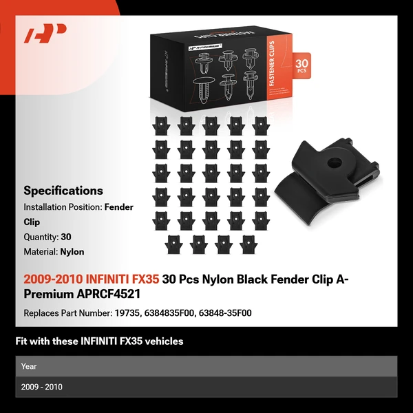 2009-2010 INFINITI FX35 30 Pcs Nylon Black Fender Clip A-Premium APRCF4521