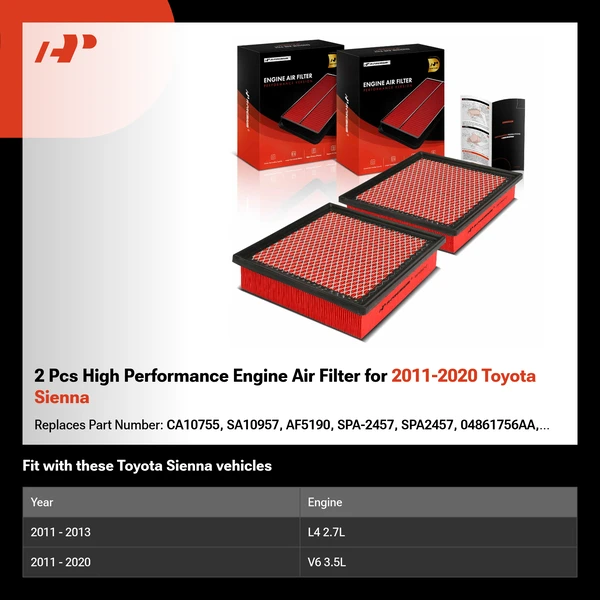 2 Pcs High Performance Engine Air Filter for 2011-2020 Toyota Sienna