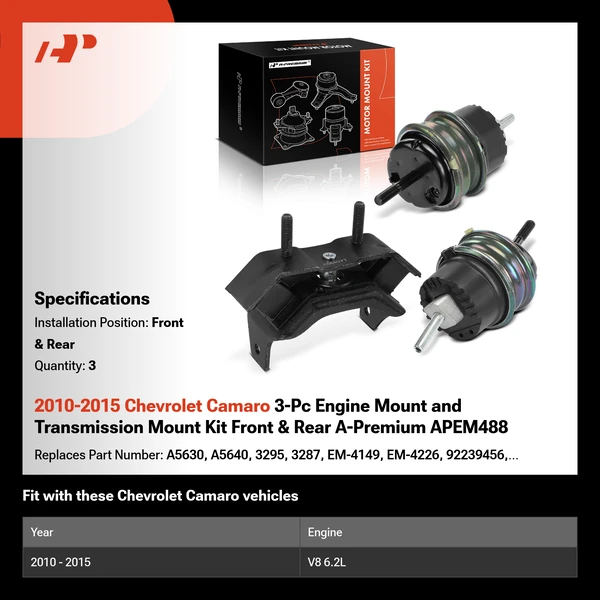 2010-2015 Chevrolet Camaro 3-Pc Engine Mount and Transmission Mount Kit Front & Rear A-Premium APEM488