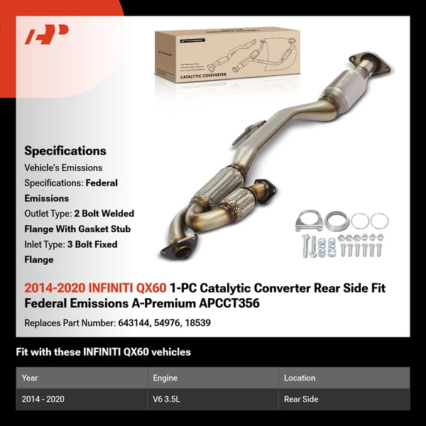 2014-2020 INFINITI QX60 1-PC Catalytic Converter Rear Side Fit Federal Emissions A-Premium APCCT356