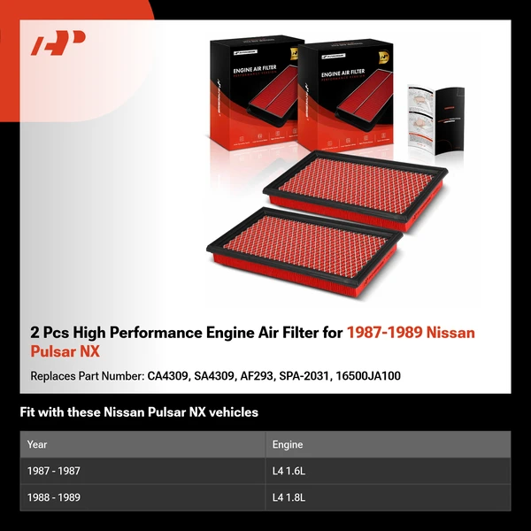 2 Pcs High Performance Engine Air Filter for 1987-1989 Nissan Pulsar NX