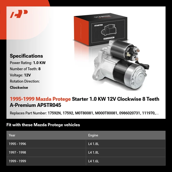 1995-1999 Mazda Protege Starter 1.0 KW 12V Clockwise 8 Teeth A-Premium APSTR045