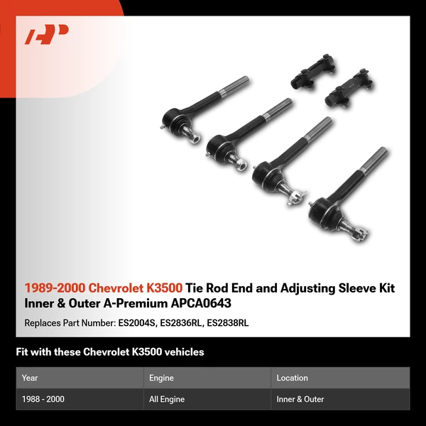 1989-2000 Chevrolet K3500 Tie Rod End and Adjusting Sleeve Kit Inner & Outer A-Premium APCA0643