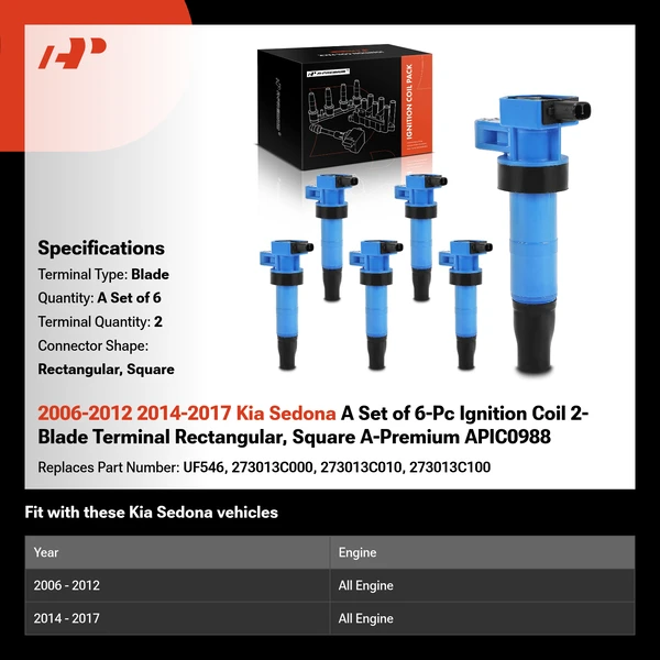2006-2012 2014-2017 Kia Sedona A Set of 6-Pc Ignition Coil 2-Blade Terminal Rectangular, Square A-Premium APIC0988