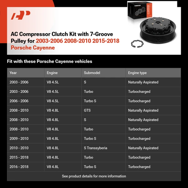 AC Compressor Clutch Kit with 7-Groove Pulley for 2003-2006 2008-2010 2015-2018 Porsche Cayenne