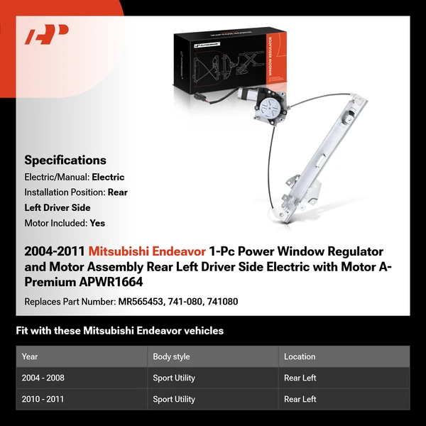 2004-2011 Mitsubishi Endeavor 1-Pc Power Window Regulator and Motor Assembly Rear Left Driver Side Electric with Motor A-Premium APWR1664