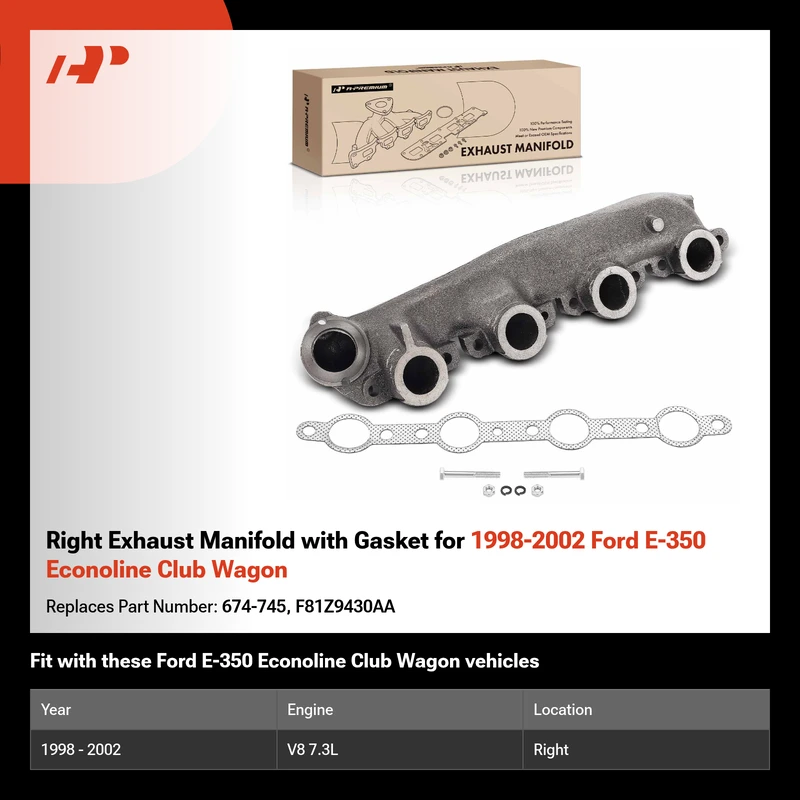 Right Exhaust Manifold with Gasket for 1998-2002 Ford E-350 Econoline Club Wagon