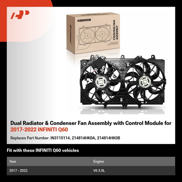 Dual Radiator & Condenser Fan Assembly with Control Module for 2017-2022 INFINITI Q60