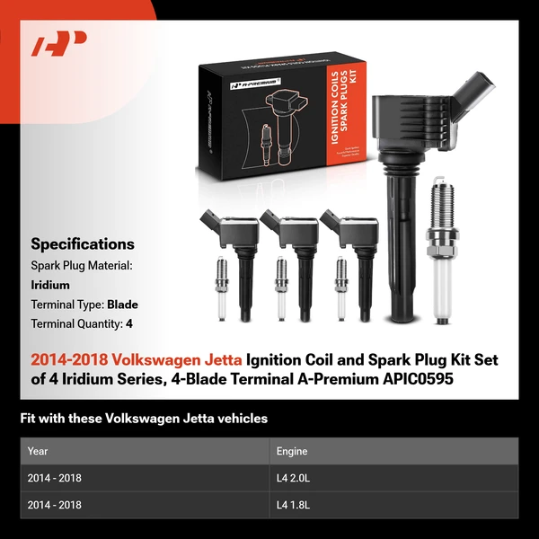 2014-2018 Volkswagen Jetta Ignition Coil and Spark Plug Kit Set of 4 Iridium Series, 4-Blade Terminal A-Premium APIC0595