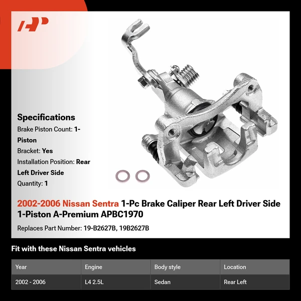 2002-2006 Nissan Sentra 1-Pc Brake Caliper Rear Left Driver Side 1-Piston A-Premium APBC1970