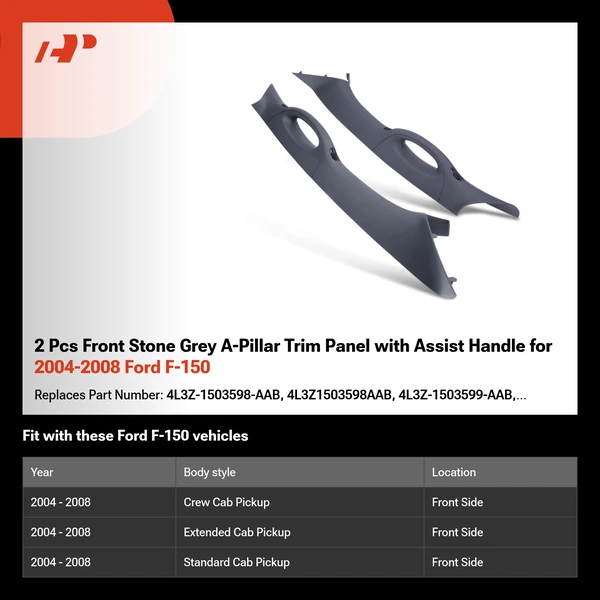 2 Pcs Front Stone Grey A-Pillar Trim Panel with Assist Handle for 2004-2008 Ford F-150