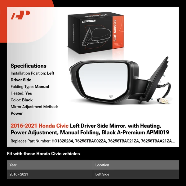 2016-2021 Honda Civic Left Driver Side Mirror, with Heating, Power Adjustment, Manual Folding, Black A-Premium APMI019