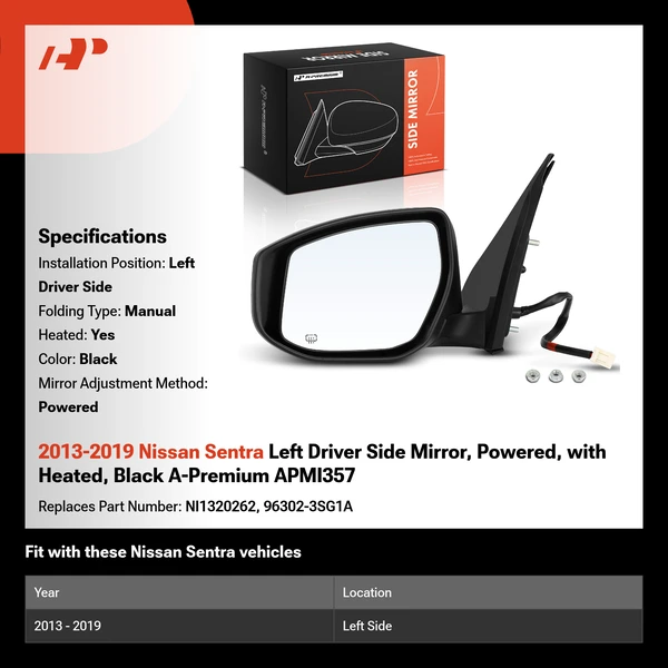 2013-2019 Nissan Sentra Left Driver Side Mirror, Powered, with Heated, Black A-Premium APMI357