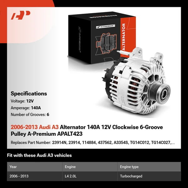 2006-2013 Audi A3 Alternator 140A 12V Clockwise 6-Groove Pulley A-Premium APALT423