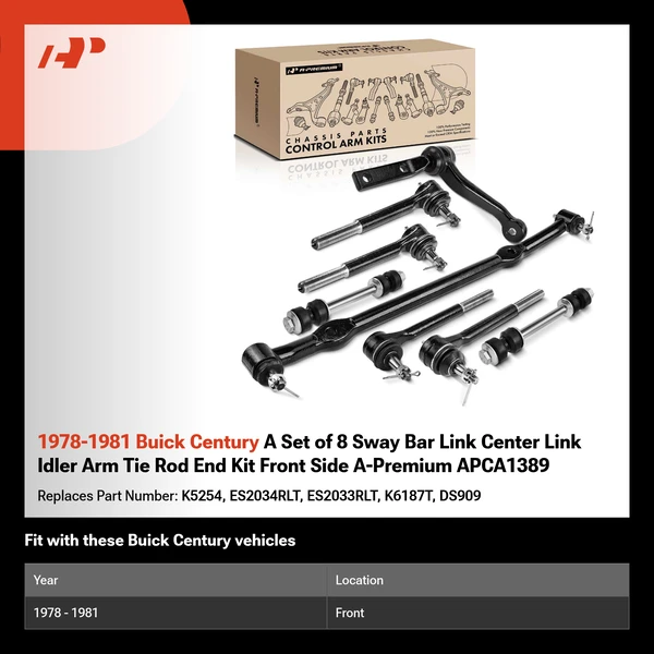 1978-1981 Buick Century A Set of 8 Sway Bar Link Center Link Idler Arm Tie Rod End Kit Front Side A-Premium APCA1389