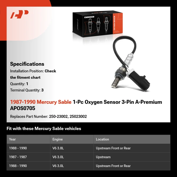 1987-1990 Mercury Sable 1-Pc Oxygen Sensor 3-Pin A-Premium APOS0705