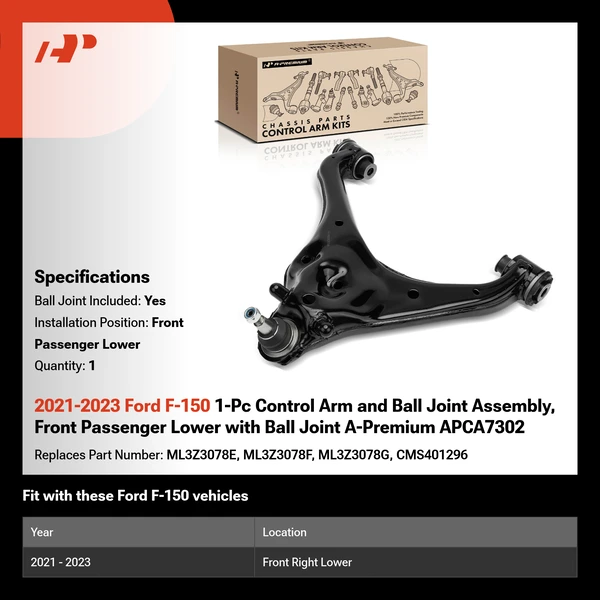 2021-2023 Ford F-150 1-Pc Control Arm and Ball Joint Assembly, Front Passenger Lower with Ball Joint A-Premium APCA7302