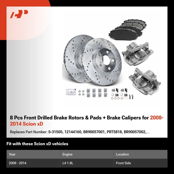 8 Pcs Front Drilled Brake Rotors & Pads + Brake Calipers for 2008-2014 Scion xD