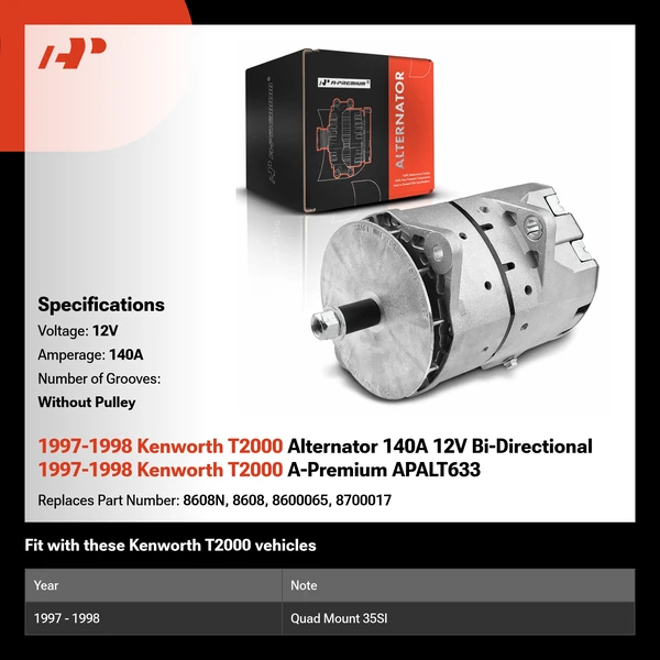 1997-1998 Kenworth T2000 Alternator 140A 12V Bi-Directional 1997-1998 Kenworth T2000 A-Premium APALT633