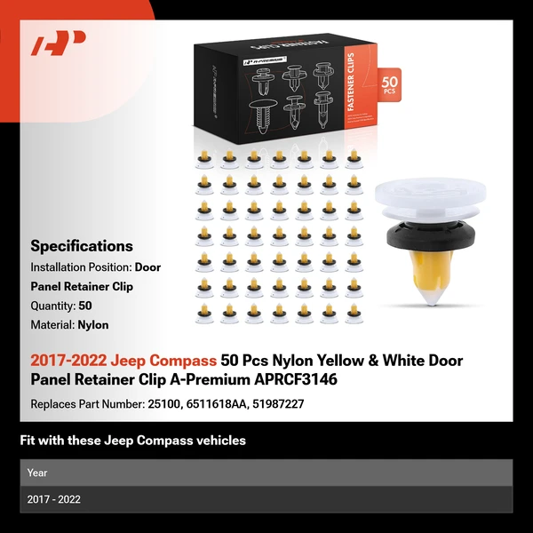 2017-2022 Jeep Compass 50 Pcs Nylon Yellow & White Door Panel Retainer Clip A-Premium APRCF3146