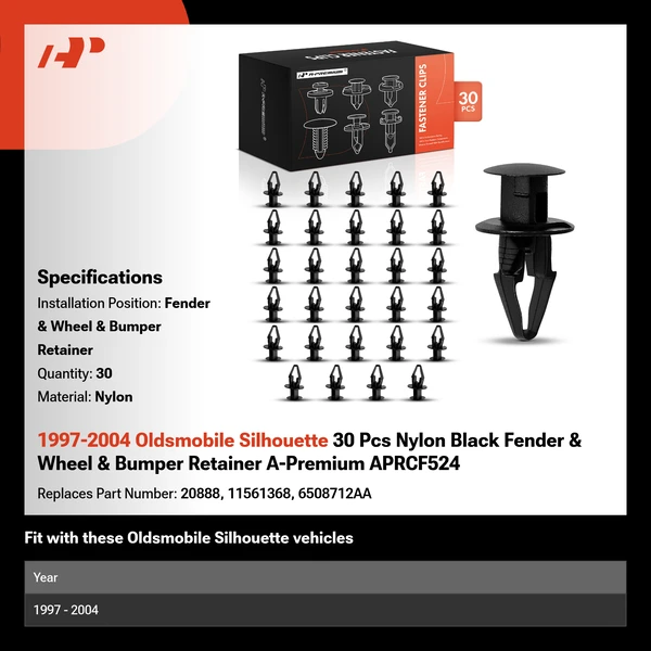 1997-2004 Oldsmobile Silhouette 30 Pcs Nylon Black Fender & Wheel & Bumper Retainer A-Premium APRCF524