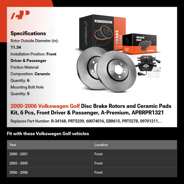 2000-2006 Volkswagen Golf Disc Brake Rotors and Ceramic Pads Kit, 6 Pcs, Front Driver & Passenger, A-Premium, APBRPR1321