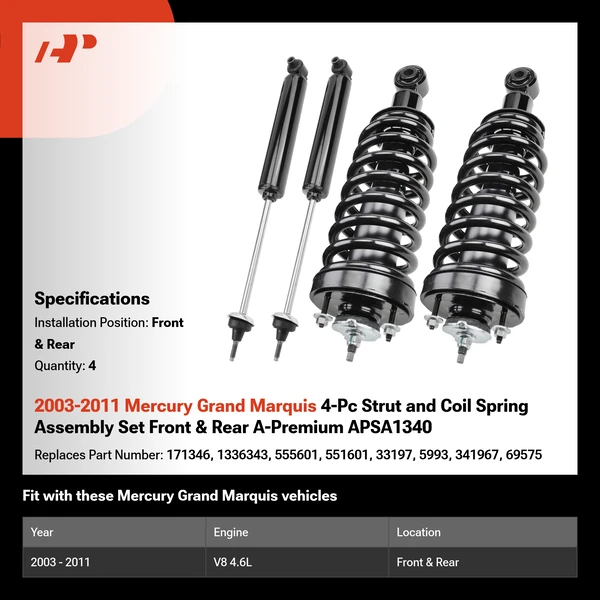 2003-2011 Mercury Grand Marquis 4-Pc Strut and Coil Spring Assembly Set Front & Rear A-Premium APSA1340