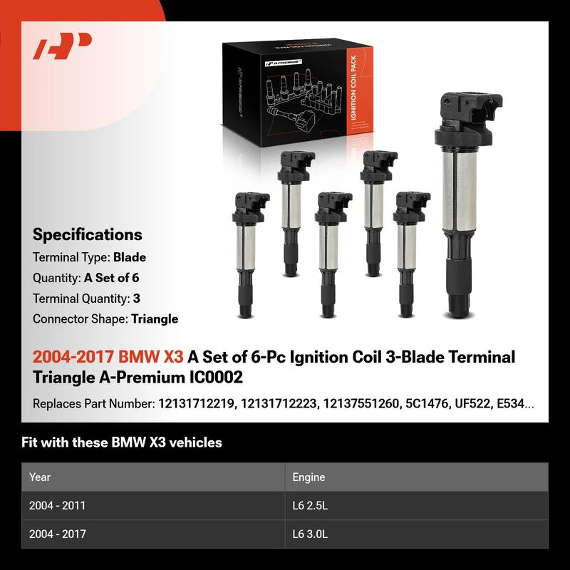2004-2017 BMW X3 A Set of 6-Pc Ignition Coil 3-Blade Terminal Triangle A-Premium IC0002