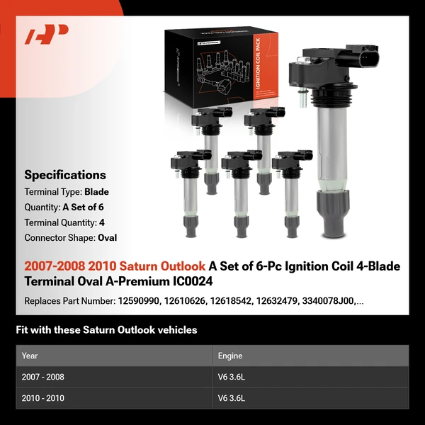 2007-2008 2010 Saturn Outlook A Set of 6-Pc Ignition Coil 4-Blade Terminal Oval A-Premium IC0024