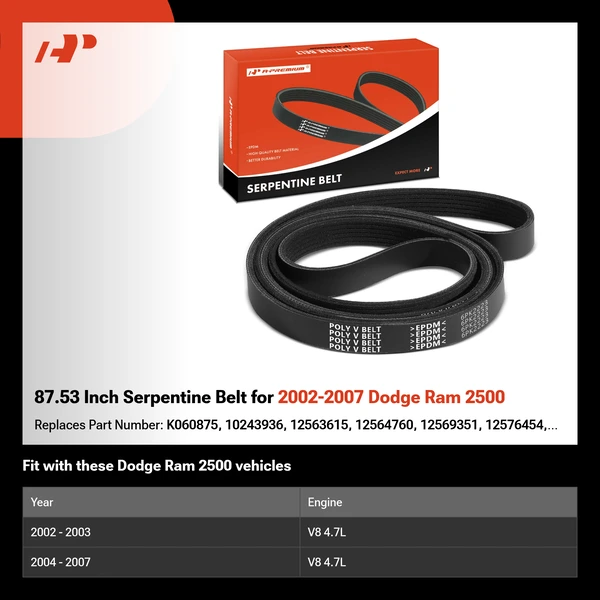 87.53 Inch Serpentine Belt for 2002-2007 Dodge Ram 2500