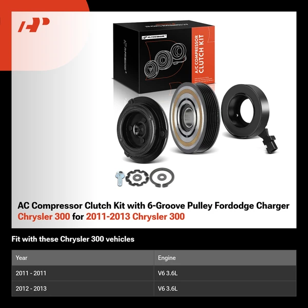 AC Compressor Clutch Kit with 6-Groove Pulley Fordodge Charger Chrysler 300 for 2011-2013 Chrysler 300