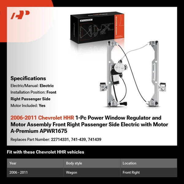 2006-2011 Chevrolet HHR 1-Pc Power Window Regulator and Motor Assembly Front Right Passenger Side Electric with Motor A-Premium APWR1675