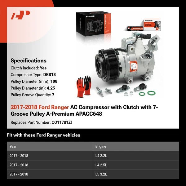 2017-2018 Ford Ranger AC Compressor with Clutch with 7-Groove Pulley A-Premium APACC648