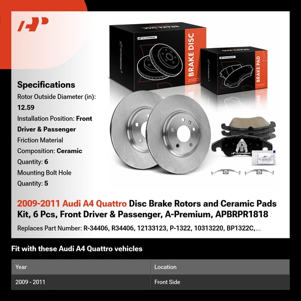 2009-2011 Audi A4 Quattro Disc Brake Rotors and Ceramic Pads Kit, 6 Pcs, Front Driver & Passenger, A-Premium, APBRPR1818