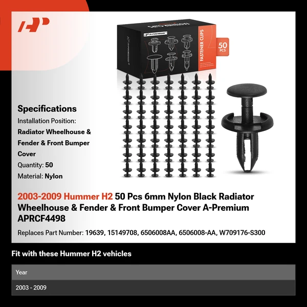 2003-2009 Hummer H2 50 Pcs 6mm Nylon Black Radiator Wheelhouse & Fender & Front Bumper Cover A-Premium APRCF4498