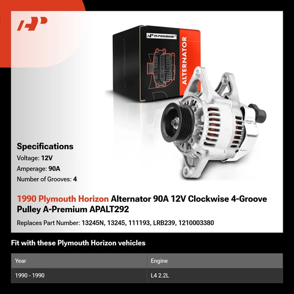 1990 Plymouth Horizon Alternator 90A 12V Clockwise 4-Groove Pulley A-Premium APALT292