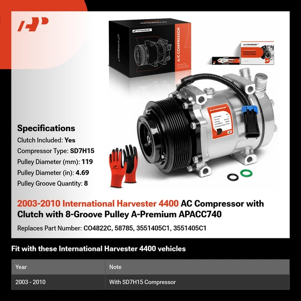 2003-2010 International Harvester 4400 AC Compressor with Clutch with 8-Groove Pulley A-Premium APACC740