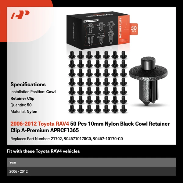2006-2012 Toyota RAV4 50 Pcs 10mm Nylon Black Cowl Retainer Clip A-Premium APRCF1365