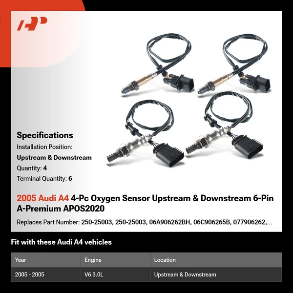 2005 Audi A4 4-Pc Oxygen Sensor Upstream & Downstream 6-Pin A-Premium APOS2020